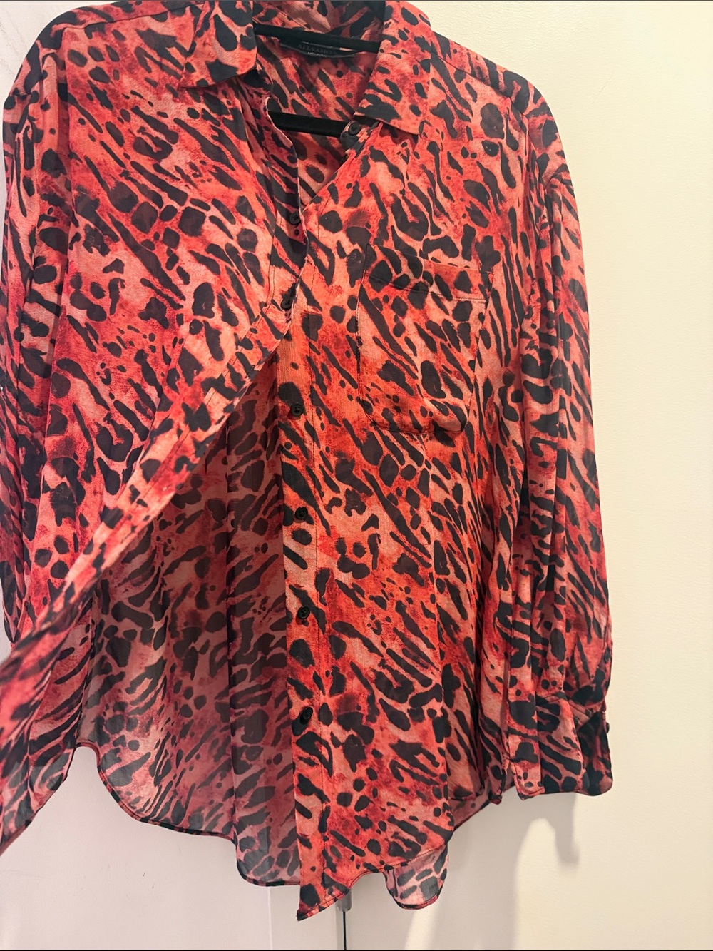 All Saints Red and Black Animal-Print Sheer Blouse